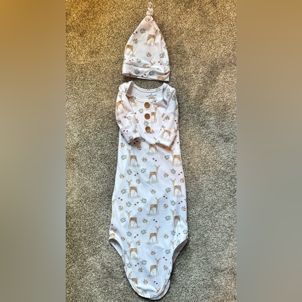 Caden Lane Baby Gown and Hat Set with Deer Print